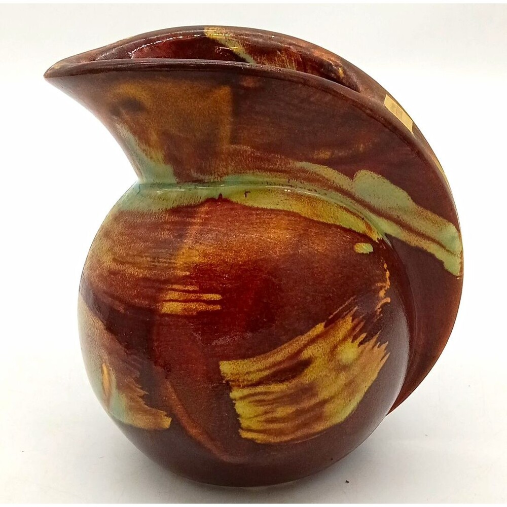 Vtg MCM Jack Buck Hot Springs Ark Brown/Teal Swirl Art Pottery Pitcher Vase 5.5"